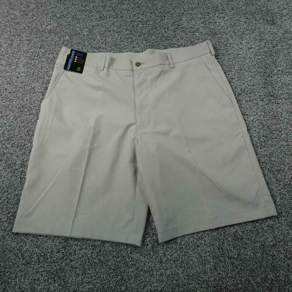 NEW Roundtree Yorke Shorts Mens 38 Beige Chino Flat Front Performance Stretch